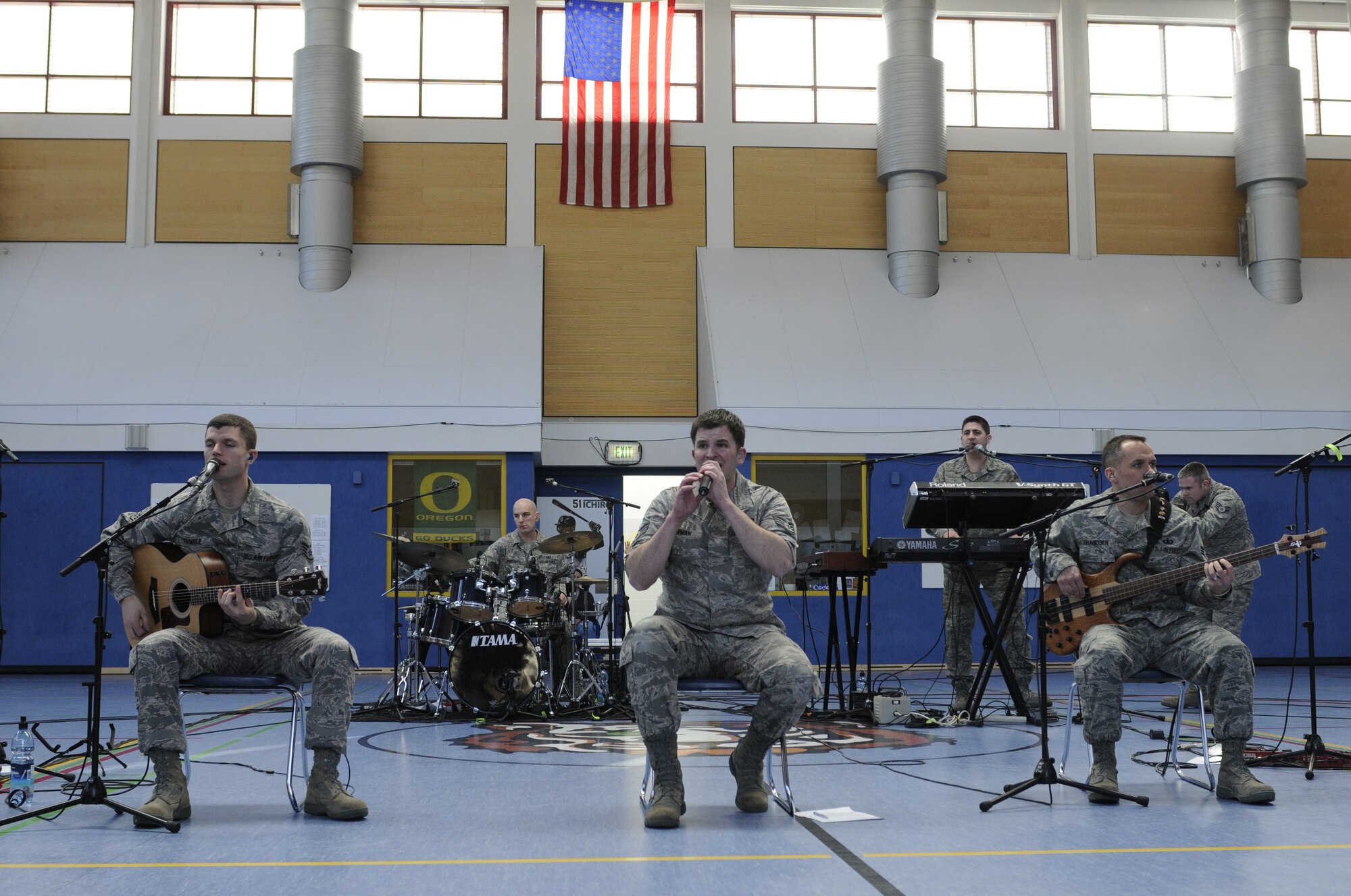 HOHENFELS, Germany – The U.S. Air Forces in Europe Band Touch ‘n Go performs for a gymnasium packed with students and teachers at Hohenfels Middle and High School on U.S. Army Garrison Hohenfels, Germany, March 8. Touch ‘n Go performed for more than 300 students at the school as part of a Music in Our Schools tour throughout Bavaria. (U.S. Air Force photo/Staff Sgt. Kali L. Gradishar)