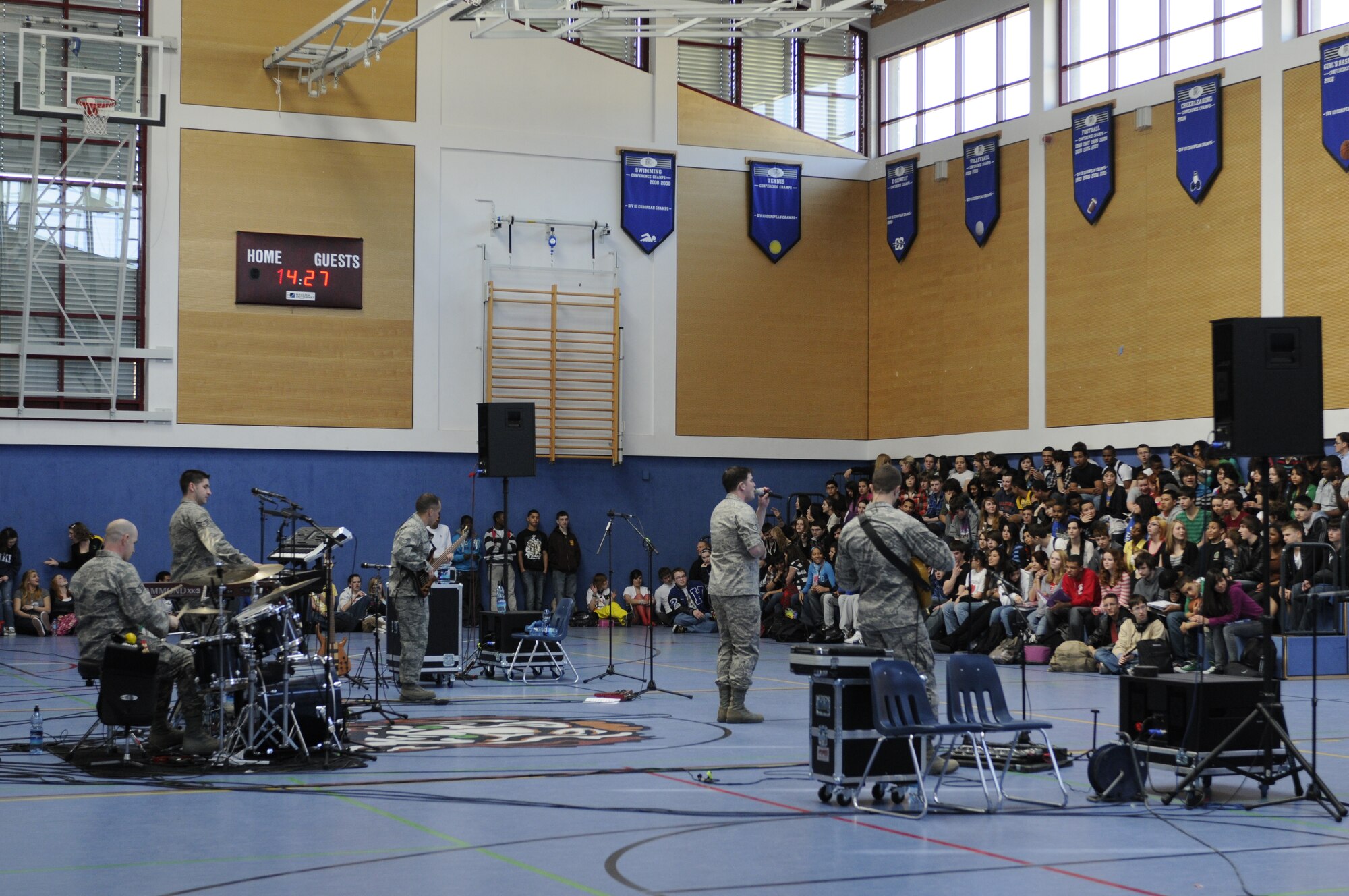 HOHENFELS, Germany – The U.S. Air Forces in Europe Band Touch ‘n Go performs for a gymnasium packed with students and teachers at Hohenfels Middle and High School on U.S. Army Garrison Hohenfels, Germany, March 8. Touch ‘n Go performed for more than 300 students at the school as part of a Music in Our Schools tour throughout Bavaria. (U.S. Air Force photo/Staff Sgt. Kali L. Gradishar)