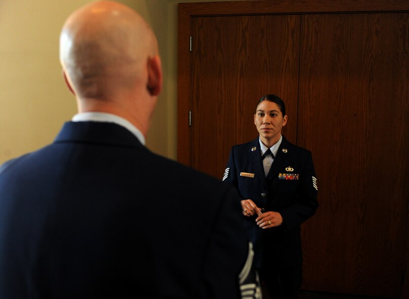 Tech. Sgt. Laura Bechtel, 23rd Wing command chief executive, gives final instructions to each nominee before they go before an enlisted board for Outstanding Performers of the Year at the James H. Rainwater Conference Center in Valdosta, Ga., Mar. 8. Each nominee went against a board of command chiefs, each representing a wings from the 9th Air Force.  (U.S. Air Force photo/Airman 1st Class Benjamin Wiseman)(RELEASED)
