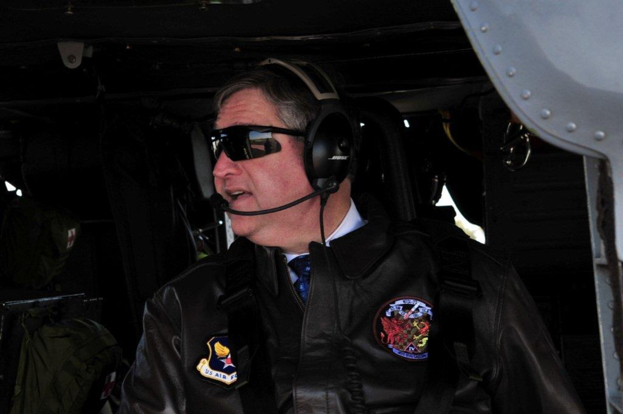 Secretary of the Air Force Michael Donley flies on a 920th Rescue Wing helicopter from the Patrick Air Force Base runway to Cape Canaveral Air Force Station during his visit March 7, 2011. (U.S. Air Force Photo/Jennifer Macklin)
