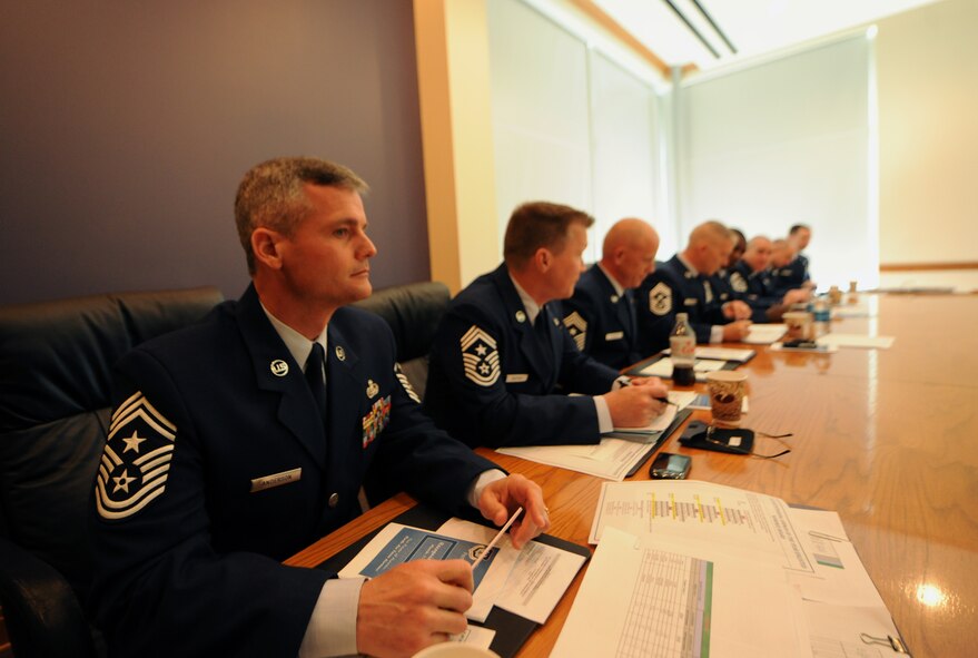 A board of command chiefs representing wings inside the 9th Air Force prepares to conduct a board for the enlisted nominees for Outstanding Performers of the Year at the James H. Rainwater Conference Center in Valdosta, Ga., March 8. Each nominee faced the board and answered questions as a part of the OPY selection process. (U.S. Air Force photo/Airman 1st Class Benjamin Wiseman)(RELEASED)