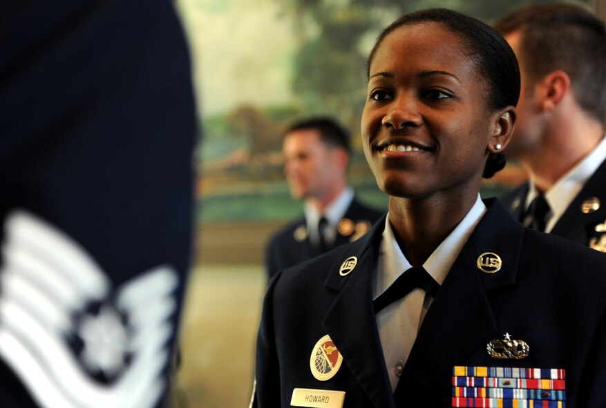 Tech. Sgt. April Howard, 20th Fighter Wing NCO of the Year winner from Shaw Air Force Base, S.C., stands in line and awaits her turn to go before the enlisted board during Outstanding Performers of the Year at the James H. Rainwater Conference Center in Valdosta, Ga., March 8. Sergeant Howard was representing her wing during the OPY event as a nominee in the NCO section. (U.S. Air Force photo/Airman 1st Class Benjamin Wiseman)(RELEASED)