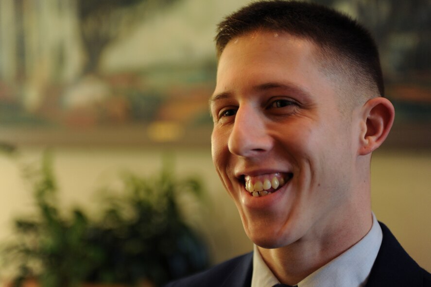 Airman 1st Class Lee Benson, 23rd Wing Airman of the Year award winner, smiles as he finishes an enlisted board during Outstanding Performers of the Year at the James H. Rainwater Conference Center in Valdosta, Ga., March 8. Airman Benson was representing Moody during the OPY gathering. (U.S. Air Force photo/Airman 1st Class Benjamin Wiseman)(RELEASED)