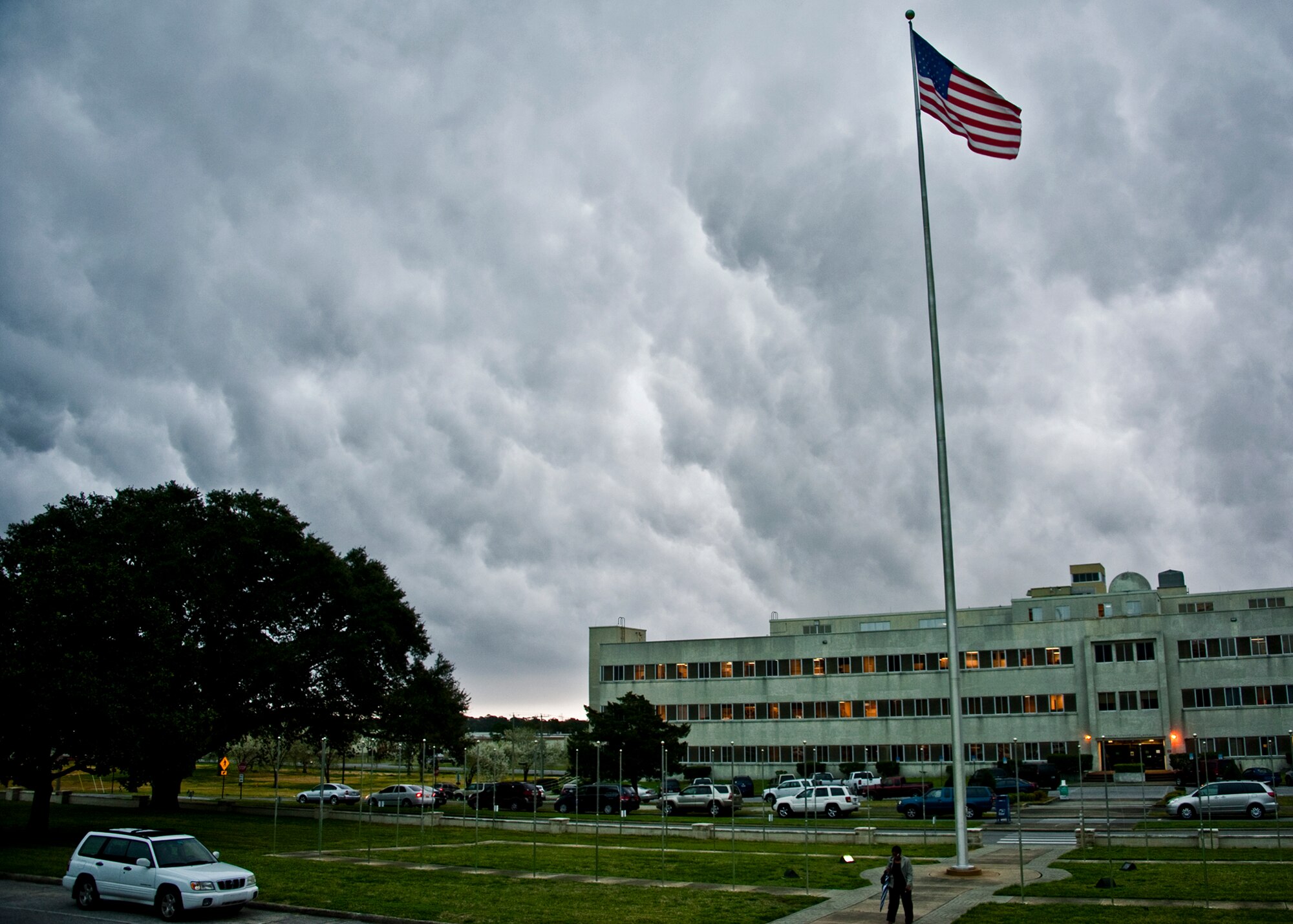 Just after noon March 9, the skies over Eglin Air Force Base were dark and ominous prior to the downpour of rain that followed the rest of the day.  Thunderstorms roared through the region all day.  (U.S. Air Force photo/Samuel King Jr.)