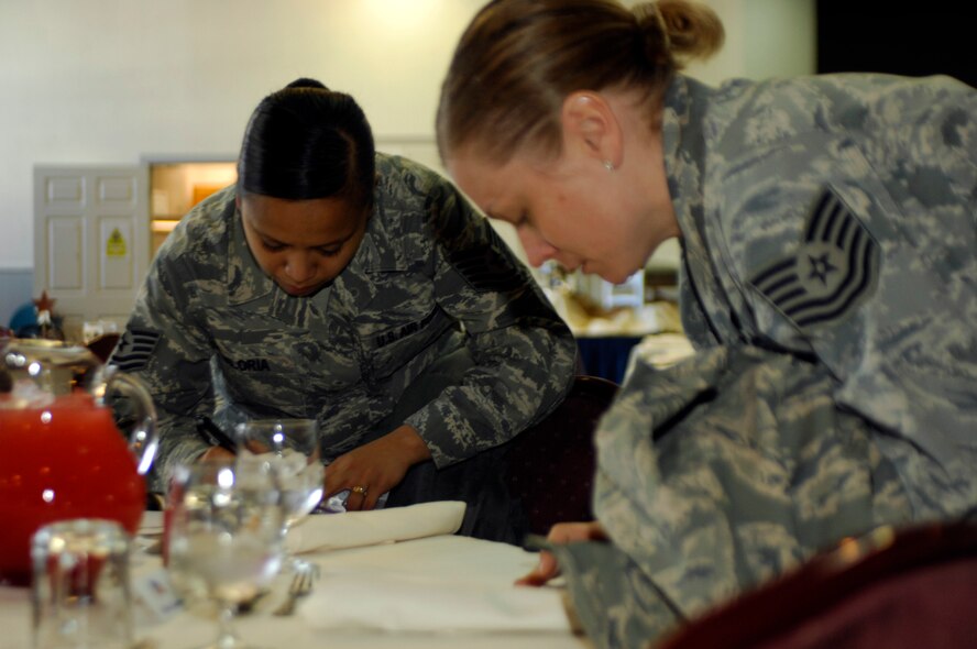 Tech. Sgts. Brandy Beck (right) and Maryanne Viloria review a script and seating chart in preparation for a distinguished visitor visit March 4, 2011 at the Deel Community Center. The sergeants are protocol specialists and ensure no detail goes unchecked for every important visitor to Fairchild. “I work with a great team of people,” Sergeant Beck said. “Our job is all about representing the base to important people, so it’s especially challenging.” (U.S. Air Force photo/Staff Sgt. J.G. Buzanowski)