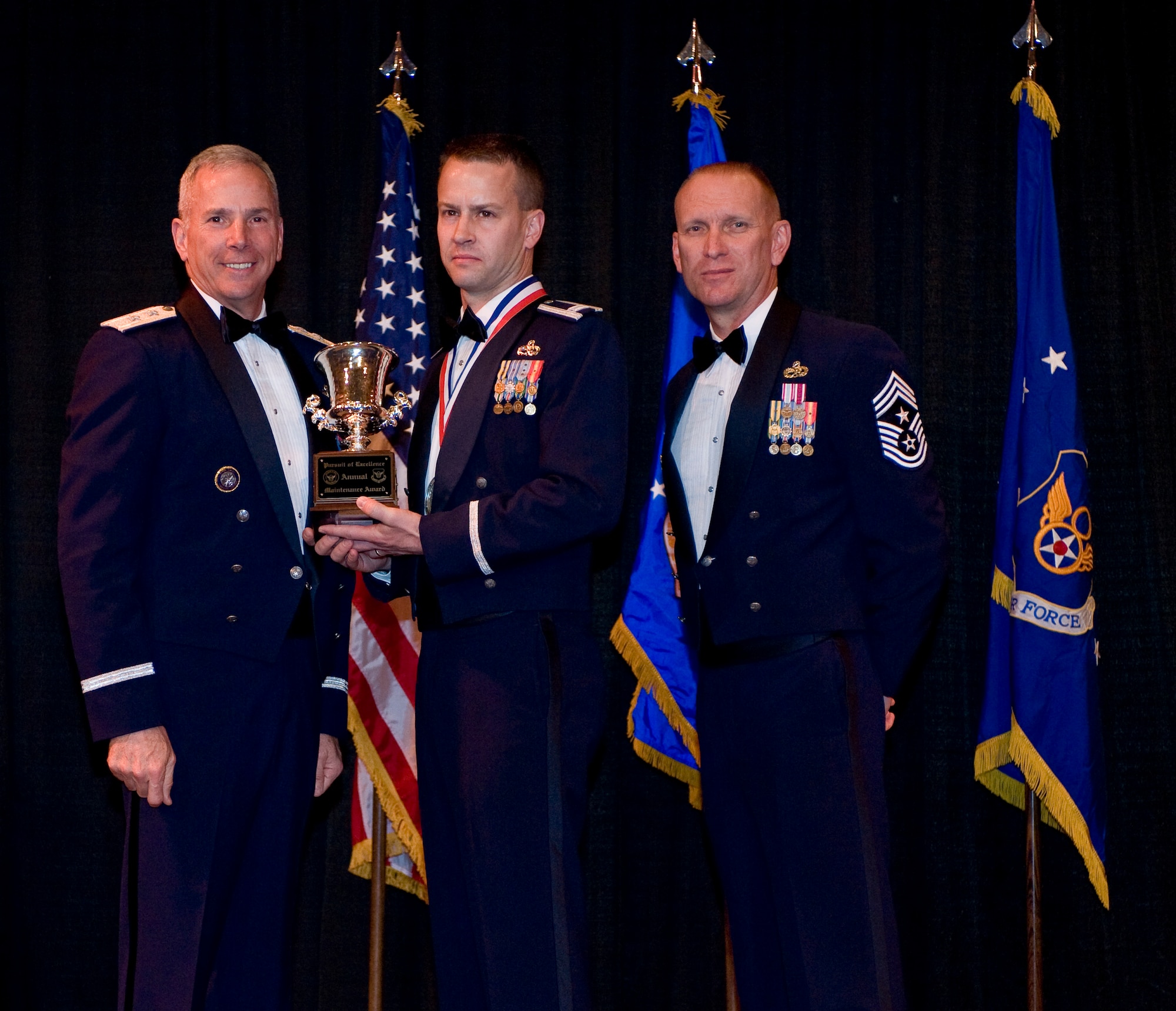 SHREVEPORT, La. -- Two 5th Bomb Wing Airmen received Eighth Air Force Outstanding Airmen of the Year awards for 2010 at a gala event held at the Eldorado Resort and Casino in Shreveport, La., on March 3. Tech. Sgt. Bradley Williams, 5th Logistics Readiness Squadron NCO in charge of dispatch operations, received the award for the Non-Commissioned Officer category. Master Sgt. Robert Dalton Jr., 5th Civil Engineer Squadron section chief of pavements and construction equipment, received the award for the Senior Non-Commissioned Officer category. (U.S. Air Force photo by Senior Airman Chad Warren)



