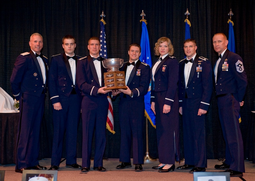 SHREVEPORT, La. -- The crew of SLAYR 21, from the 23rd Bomb Squadron, received the 2010 Ira C. Eaker Outstanding Airmanship Award March 3 for their handling of a serious aircraft emergency. The crew - Capt. Travis Thorpe, Capt. Dustin Faircloth, Capt. Phillip Demeter, Capt. Ian Barta, Capt. David Skelonc, 1st Lt. Corrine Hester and 1st Lt. Alex Brewster - demonstrated outstanding Airmanship while handling a significant B-52 in flight emergency on Oct. 26, 2010. (U.S. Air Force photo by Senior Airman Chad Warren)
