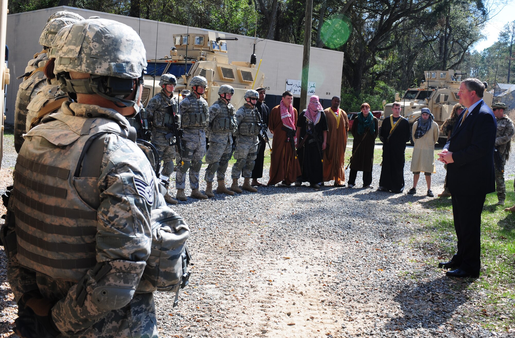 Secretary of the Air Force Michael Donley speaks to the 823rd Base Defense Squadron on March 8, 2011, at Moody Air Force Base, Ga.  Secretary Donley said he was impressed with their capabilities after receiving a demonstration of the base defense techniques used during deployments. (U.S. Air Force photo/Senior Airman Stephanie Mancha)(RELEASED)