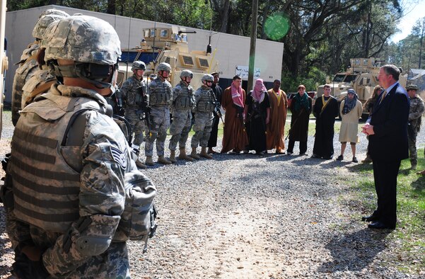 Secretary of the Air Force Michael Donley speaks to the 823rd Base Defense Squadron March 8, 2011, at Moody Air Force Base, Ga. Secretary Donley said he was impressed with their capabilities after receiving a demonstration of the base defense techniques used during deployments. (U.S. Air Force photo/Senior Airman Stephanie Mancha)