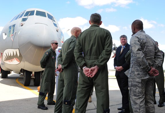 Secretary of the Air Force Michael Donley is briefed on the HC-130P Combat King mission by members of the 71st Rescue Squadron March 8, 2011, at Moody Air Force Base, Ga. (U.S. Air Force photo/Senior Airman Stephanie Mancha)