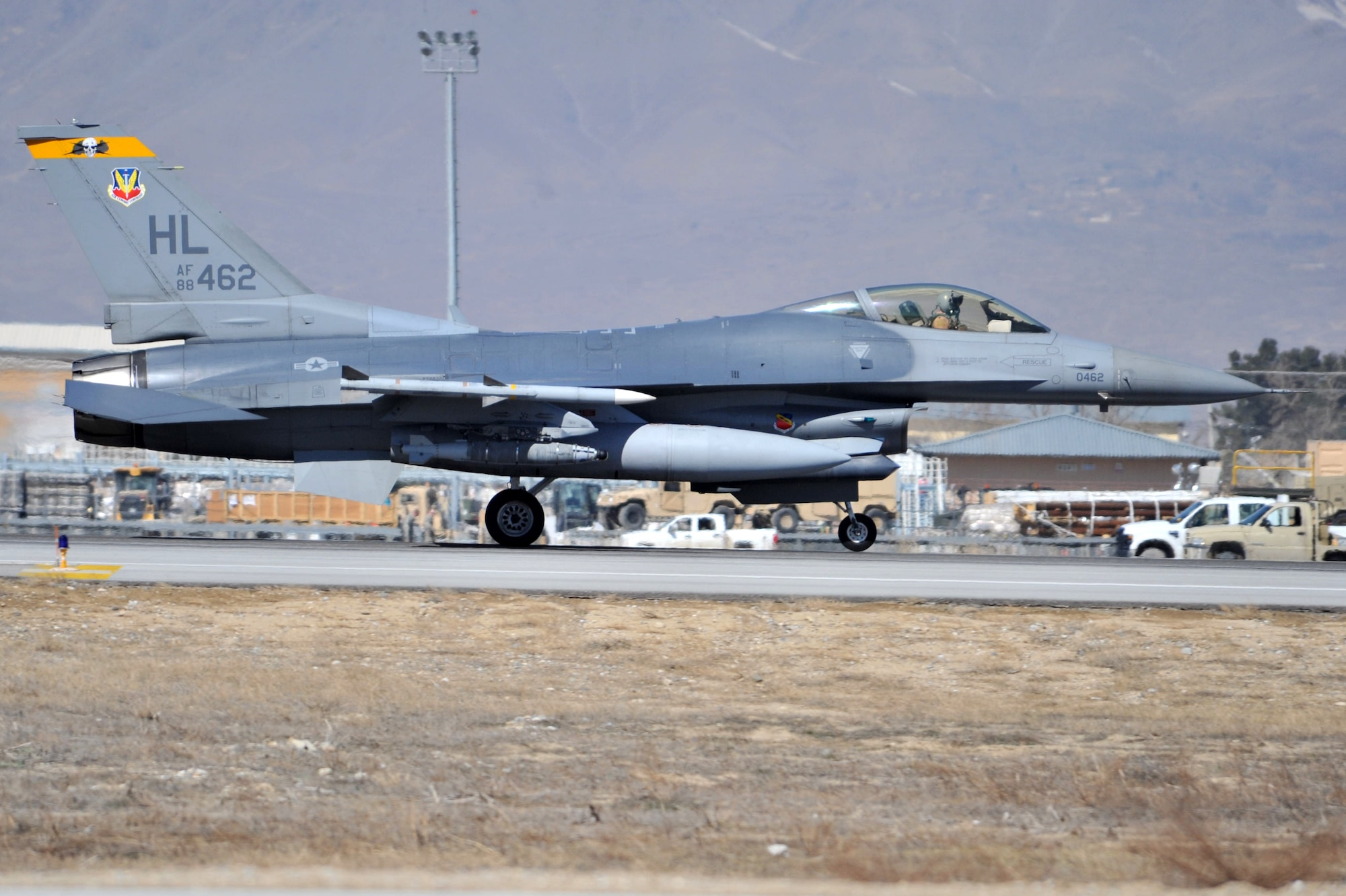 Lt. Col. Gerald Brown, 4th Expeditionary Fighter Squadron pilot prepares for take-off from Bagram Airfield, Afghanistan, March 9, 2011. The 4th EFS launch F-16s around the clock in support of Operation Enduring Freedom. (U.S. Air Force photo by Senior Airman Sheila deVera)