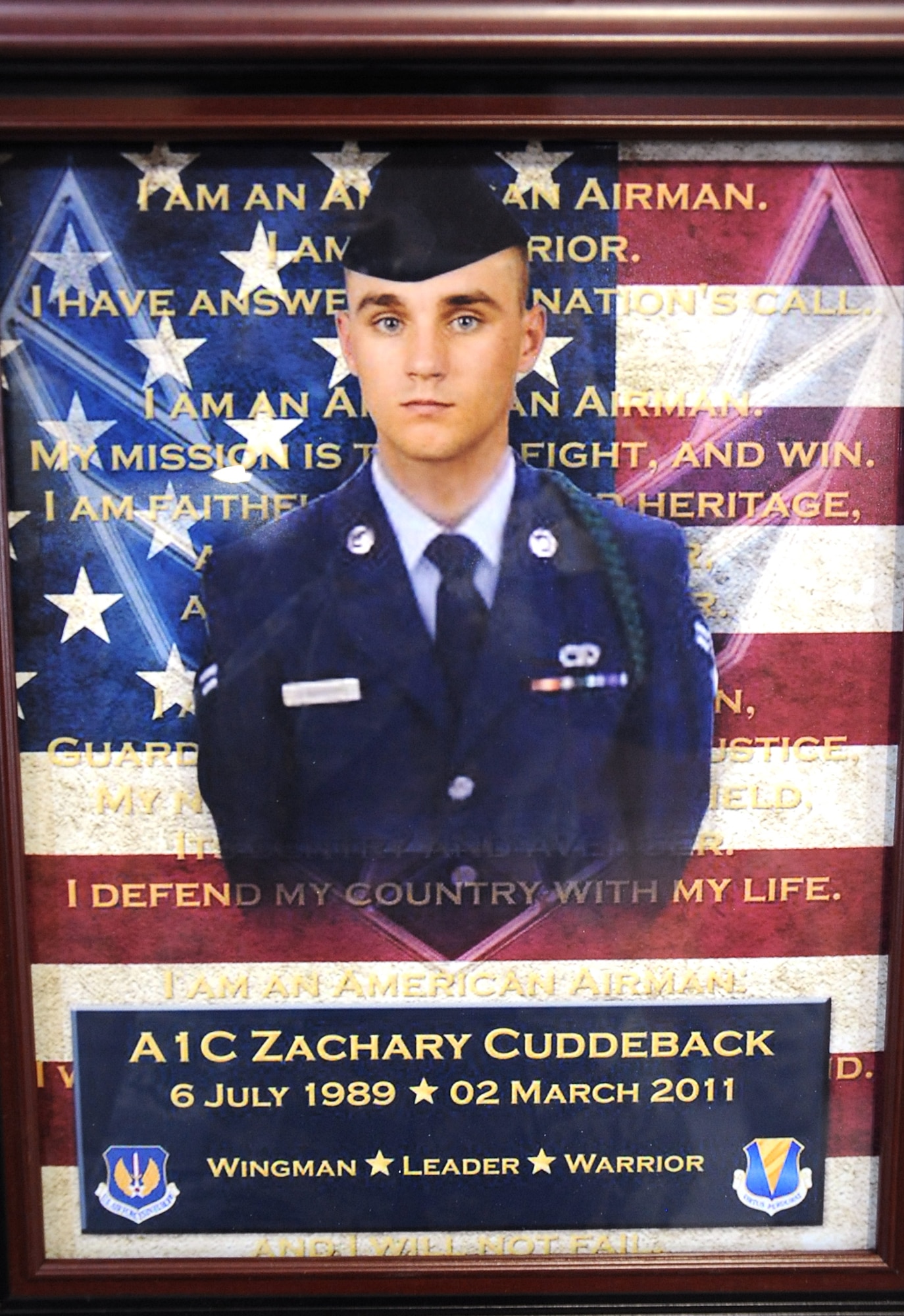 Airmen with the 386th Air Expeditionary Wing deployed to Southwest Asia from Ramstein Air Force Base, Germany, held a memorial service March 5, for Airman 1st Class Zachary Cuddeback who was killed March 2 at Terminal 2 of the Frankfurt (Germany) Airport. (U.S. Air Force photo by Senior Airman Cynthia Spalding)
