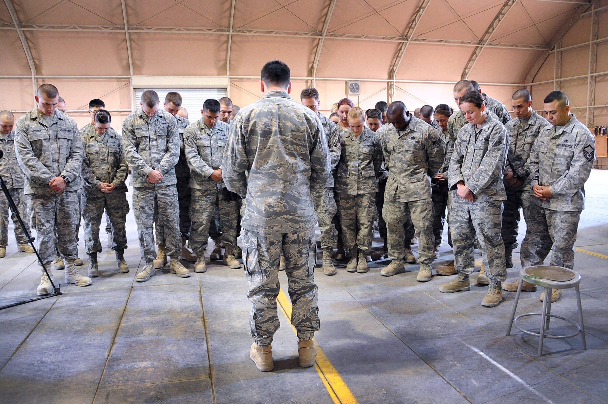 Airmen with the 386th Air Expeditionary Wing deployed to Southwest Asia from Ramstein Air Force Base, Germany, held a memorial service March 5, for Airman 1st Class Zachary Cuddeback who was killed March 2 at Terminal 2 of the Frankfurt (Germany) Airport. (U.S. Air Force photo by Senior Airman Cynthia Spalding)
