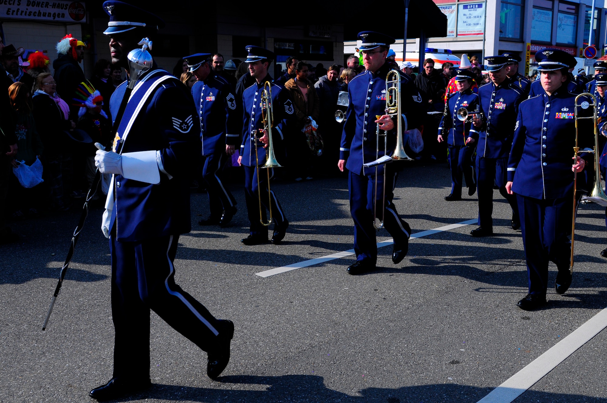 United States Air Forces in Europe Band performs for those in attendance during the annually celebrated Fasching in Ramstein village, Germany, March 8, 2011. This annual event is a pre-Lenten carnival which is celebrated with the donning of wild and fancy costumes to chase away the evil spirits of winter in preparation for spring. (U.S. Air Force photo by Airman 1st Class Brea Miller)