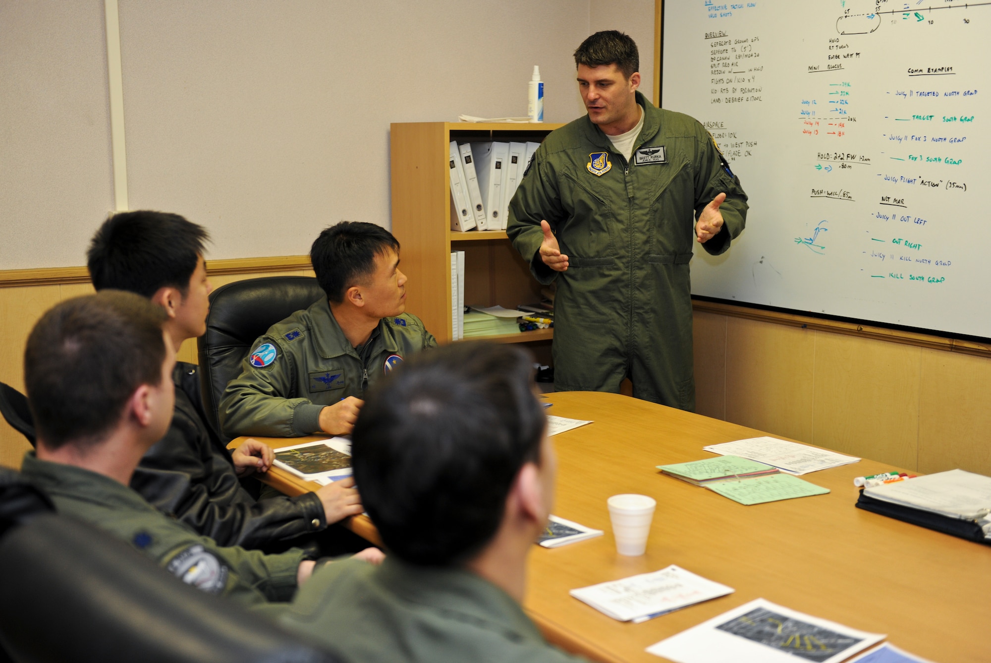 KUNSAN AIR BASE, Republic of Korea -- U.S. Air Force and ROK Air Force leaders exchange tactics and procedures for the betterment and safety of the peninsula here March 9. This knowledge exchange is part of an exercise called, "Buddy Wing", which is a combined fighter exchange program designed to improve interoperability between the U.S. Air Force and ROK Air Force fighter squadrons. (U.S. Air Force photo by Tech. Sgt. Jonathan Pomeroy)