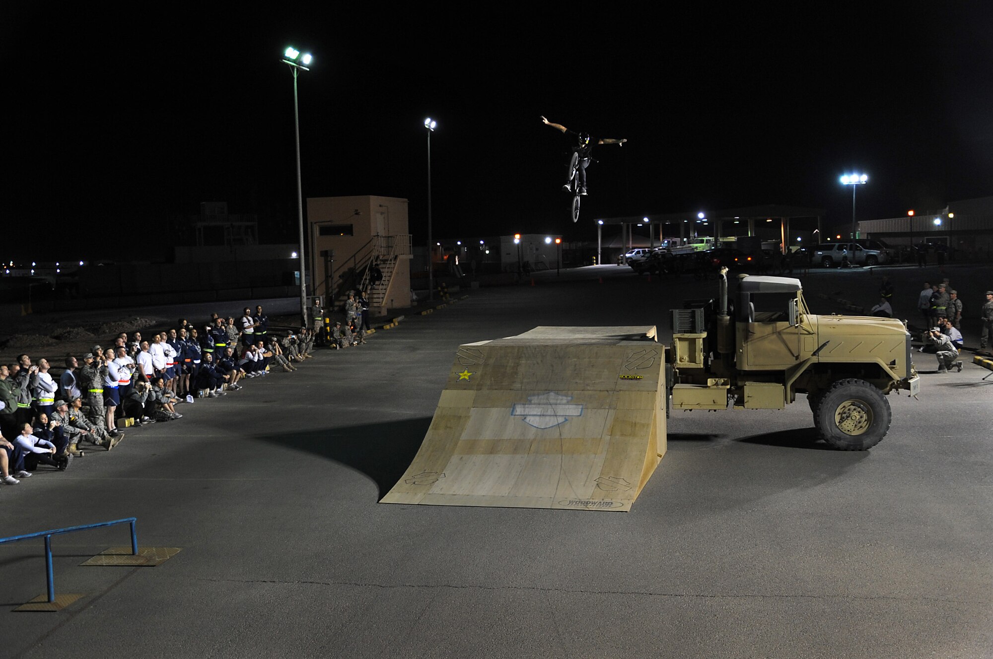 A member of the Action Sports Tour performs for 386th Air Expeditionary Wing Airmen at The Rock March 3. (U.S. Air Force photo by Senior Airman Cynthia Spalding)