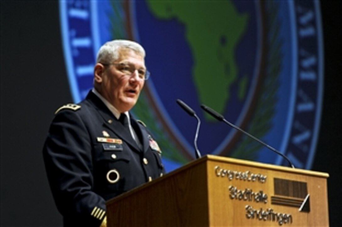 U.S. Army Gen. Carter F. Ham, incoming commander of U.S. Africa Command, addresses the audience during the command's change-of-command ceremony in Sindelfingen, Germany, March 9, 2011. U.S. Defense Secretary Robert M. Gates presided over the ceremony in which U.S. Army Gen. William E. "Kip" Ward, the first commander of U.S. Africa Command, handed over the reins to Ham.
