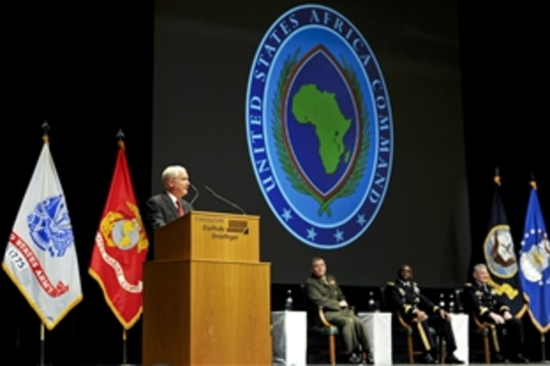 U.S. Defense Secretary Robert M. Gates addresses the audience during the change-of-command ceremony between U.S. Army Gen. William E. "Kip" Ward, outgoing commander of U.S. Africa Command, and U.S. Army Gen. Carter F. Ham, incoming commander, in Sindelfingen, Germany, March 9, 2011.