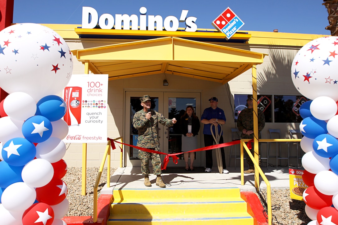 Colonel Nicholas F. Marano, commanding officer, Marine Corps Base Camp Pendleton, speaks during the official grand opening of the Camp Horno’s Domino’s Pizza, March 9.