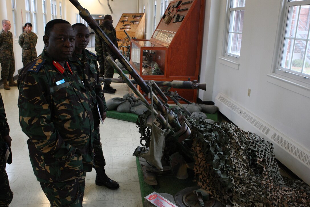 Military dignitaries from Rwanda, Tanzania and Uganda visit Threat Hall inside the II Marine Expeditionary Force headquarters building aboard Marine Corps Base Camp Lejeune, March 10. The dignitaries’ two-day visit to Camp Lejeune is part of a three-base amphibious familiarization tour, learning  amphibious assault techniques and observing various training exercises.