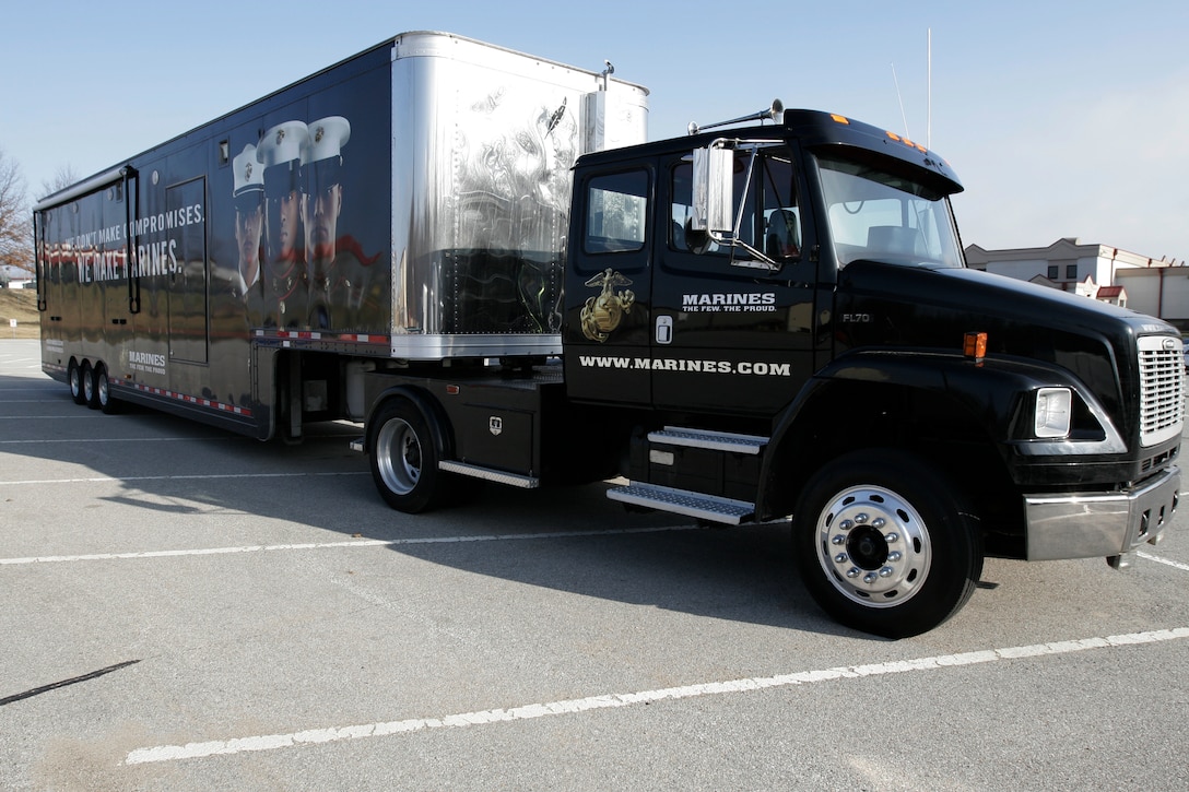 The new 9th Marine Corps District trailer. The trailer carries a modified tactical Humvee inside and also features an Indoor Simulated Marksmanship Trainer.