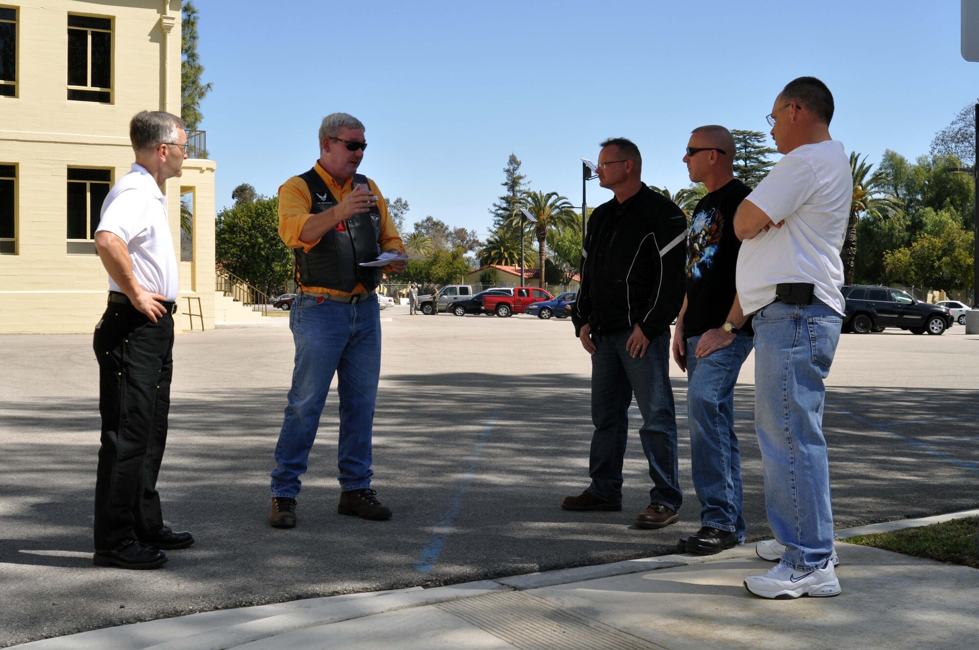 Chief Master Sgt. Bob Wright, 4th Air Force aircrew flight equipment functional manager, gives a safety briefing to members of 4th Air Force prior to a farewell motorcycle ride for Maj. Gen. Eric W. Crabtree, 4th Air Force commander, at March Air Reserve Base, Calif., March 9, 2011.  Members of 4th Air Force organized the ride as a way to say goodbye to General Crabtree, who will be taking a new assignment at the Defense Threat Reduction Agency, Ft. Belvoir, Va. 