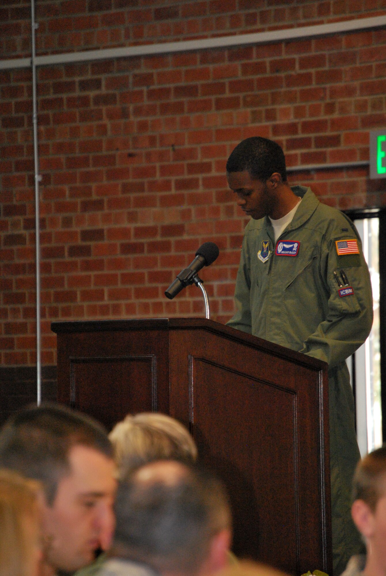 First Lt. Will McCoy, 319th Missile Squadron, tells those in attendance of the power prayer has had in his life during Warren’s National Prayer Luncheon March 3. (U.S. Air Force photo by Tech. Sgt. William Spencer)