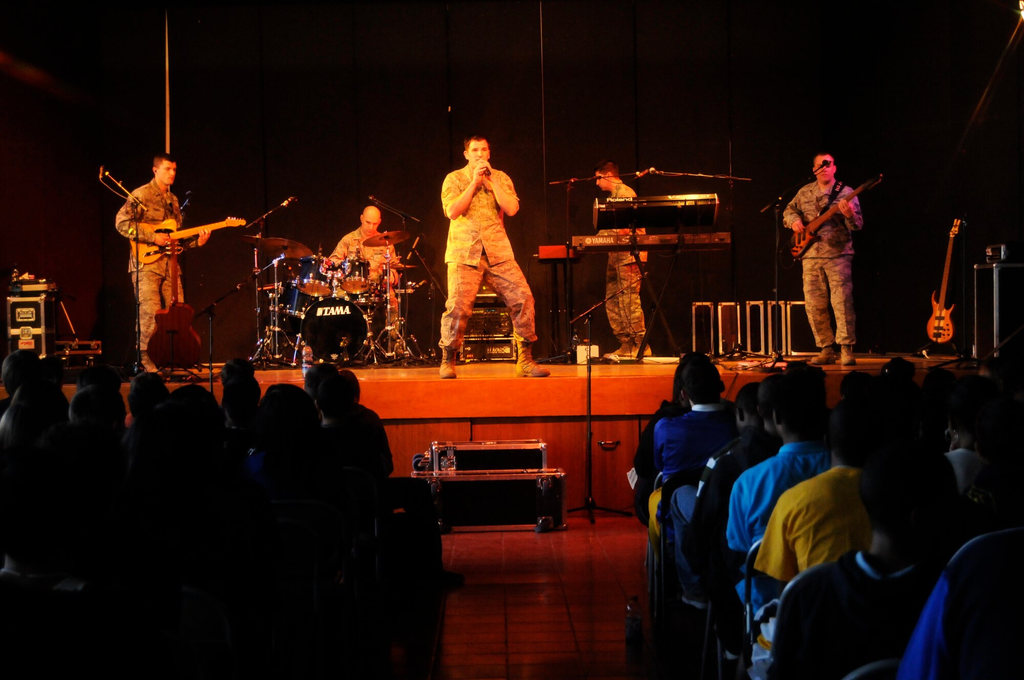 ANSBACH, Germany – The U.S. Air Forces in Europe Band Touch ‘n Go performs for a gymnasium packed with Ansbach Middle and High School students and teachers on U.S. Army Garrison Ansbach, Germany, March 9. Touch ‘n Go performed before a packed gymnasium of students and teachers at the school as part of a Music in Our Schools tour throughout Bavaria. (U.S. Air Force photo/Staff Sgt. Kali L. Gradishar)