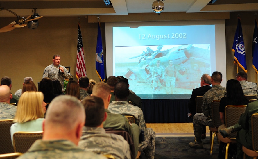 Master Sgt. Robert Disney, 347th Rescue Group superintendent, shares his many experiences that lead up to him being a wounded warrior at Moody Air Force Base, Ga. March 10. Sergeant Disney enjoys speaking on behalf of all wounded warriors and shares his story when possible. (U.S. Air Force photo/Senior Airman Stephanie Mancha)(RELEASED)