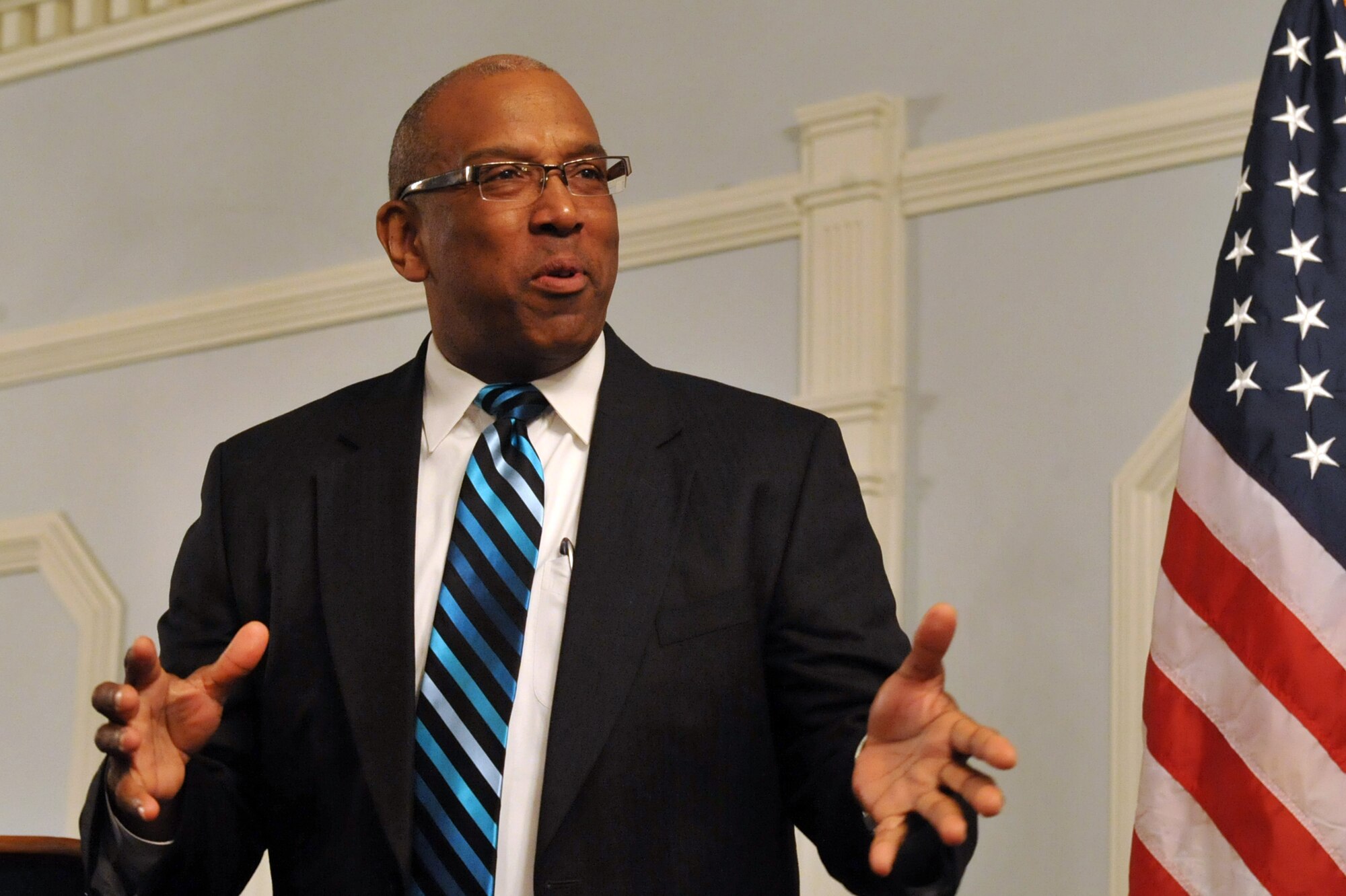 SEYMOUR JOHNSON AIR FORCE BASE, N.C. -- Darrell Sims discusses diversity and the history of America  during the African American Heritage Celebration Finale here, March 9, 2011. His speech entitled, "Focus - Vision - Make it Happen" emphasized that learning how to imagine a vision and then focusing on ways to make it happen always yields results. Mr. Sims, the event guest speaker, is from Chesapeake, Va. (U.S. Air Force photo/Senior Airman Whitney Lambert)(RELEASED)