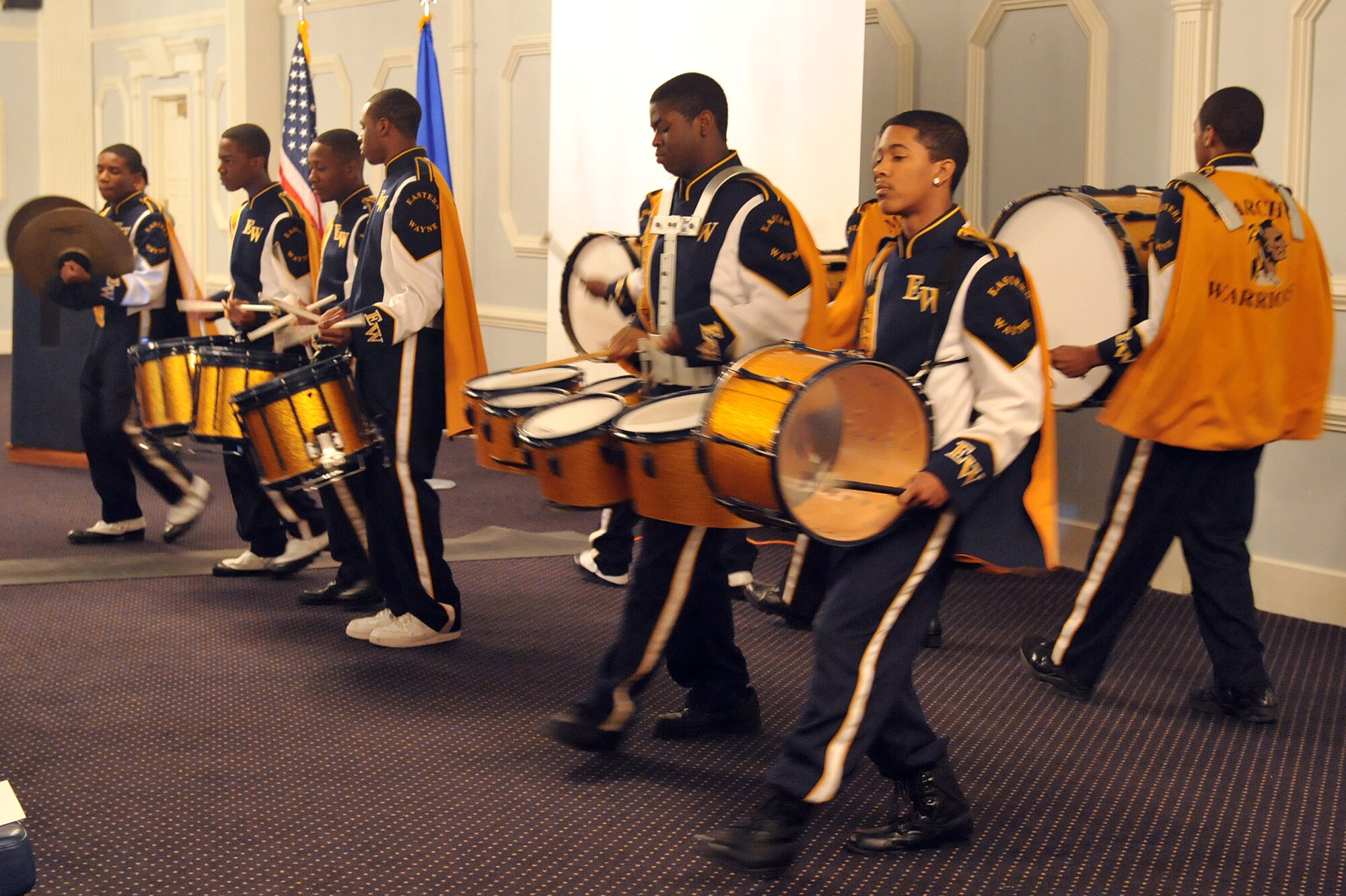 SEYMOUR JOHNSON AIR FORCE BASE, N.C. -- Members of the Eastern Wayne High School drumline perform during the African American Heritage Celebration Finale here, March 9, 2011. The drumline members volunteered to participate in the event to show their support for Seymour Johnson Air Force Base Airmen. (U.S. Air Force photo/Senior Airman Whitney Lambert)(RELEASED)
