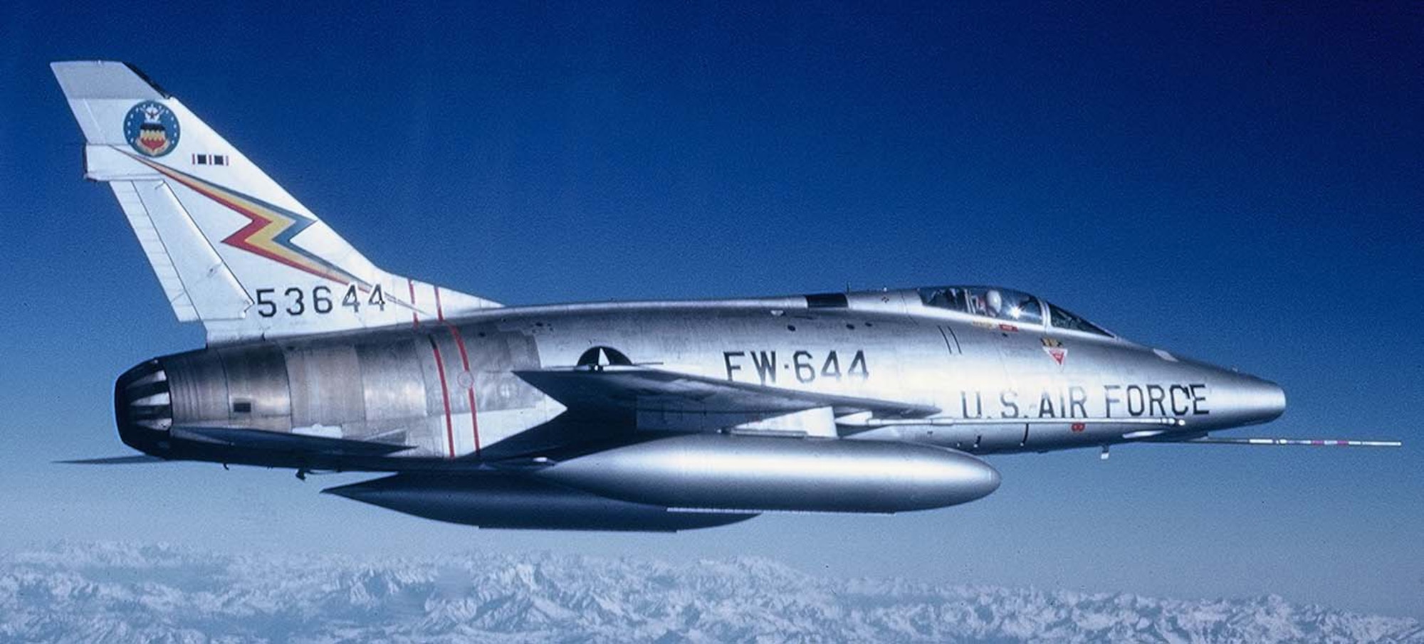 In 1962, the 20th Fighter Bomber Wing reequipped with North American F-100
Super Sabres like this one, much better suited for the nuclear "toss
bombing" mission due to their greater power and speed. A future Air Force
Chief of Staff, Capt. Tony McPeak, flew F-100s with the 20th Fighter Bomber
Wing at that time. (U.S. Air Force photo)
