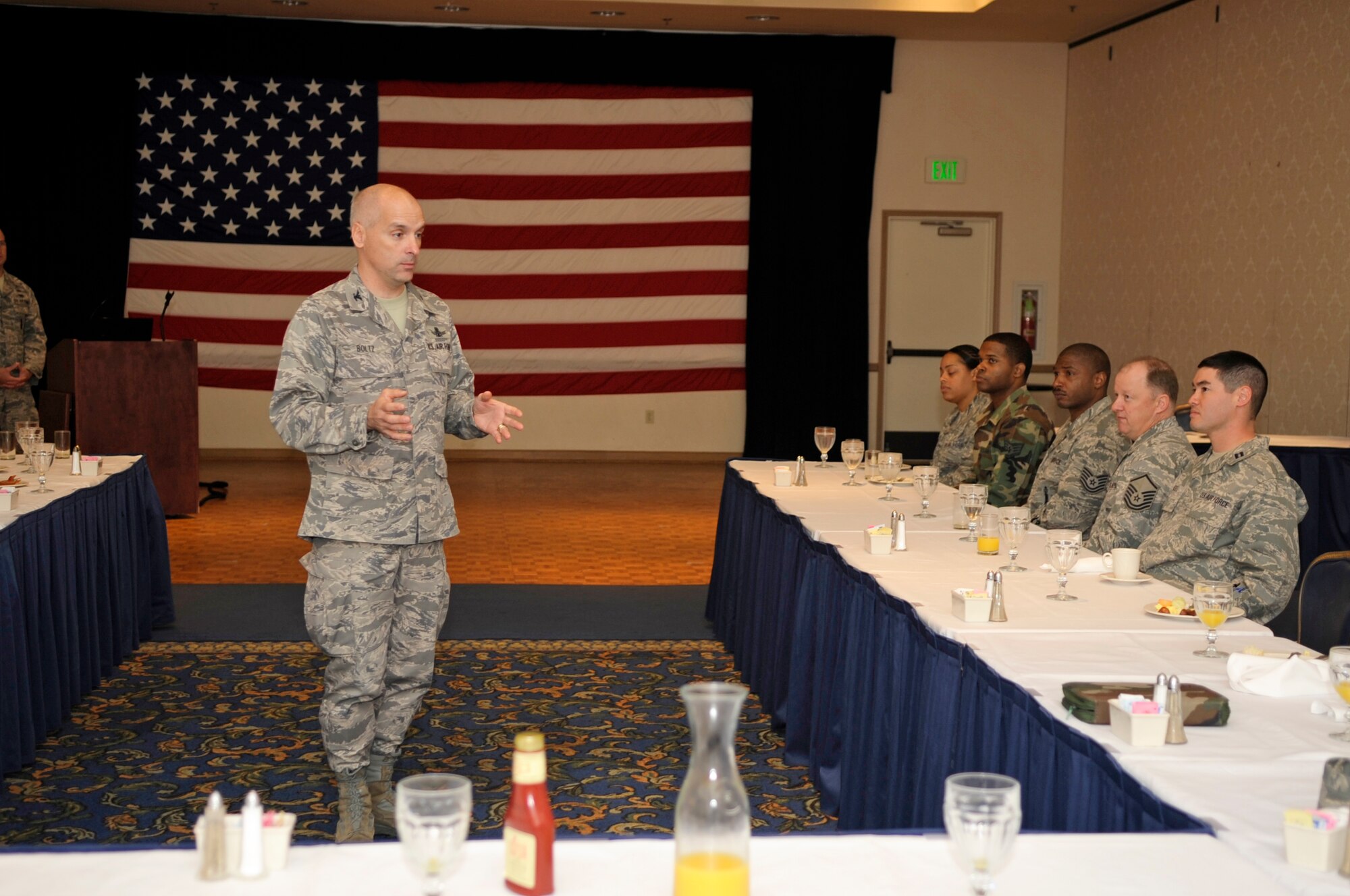 VANDENBERG AIR FORCE BASE, Calif. – Col. Richard Boltz, the 30th Space Wing commander, remarks on the benefits of the Air Force Assistance Fund during its kick off breakfast at the Pacific Coast Club here Thursday, March 10, 2011. The AFAF is a program that supports Airmen and their families who are in need of emergency financial assistance. (U.S. Air Force photo/Senior Airman Lael Huss)