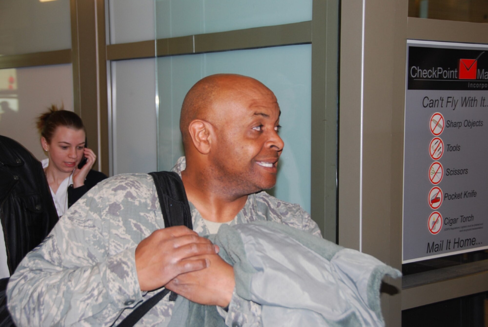 Staff Sgt. Elmer A. Swann, a liquid fuel systems journyman with the 507th Civil Engineer Squadron smiles excitedly yesterday as he sees his family for the first time in six months.  Swann was returning from a six month mid east deployment.  Sergeant Swann, an Air Force Reservist, is a member of the 507th Air Refueling Wing at Tinker Air Force Base.