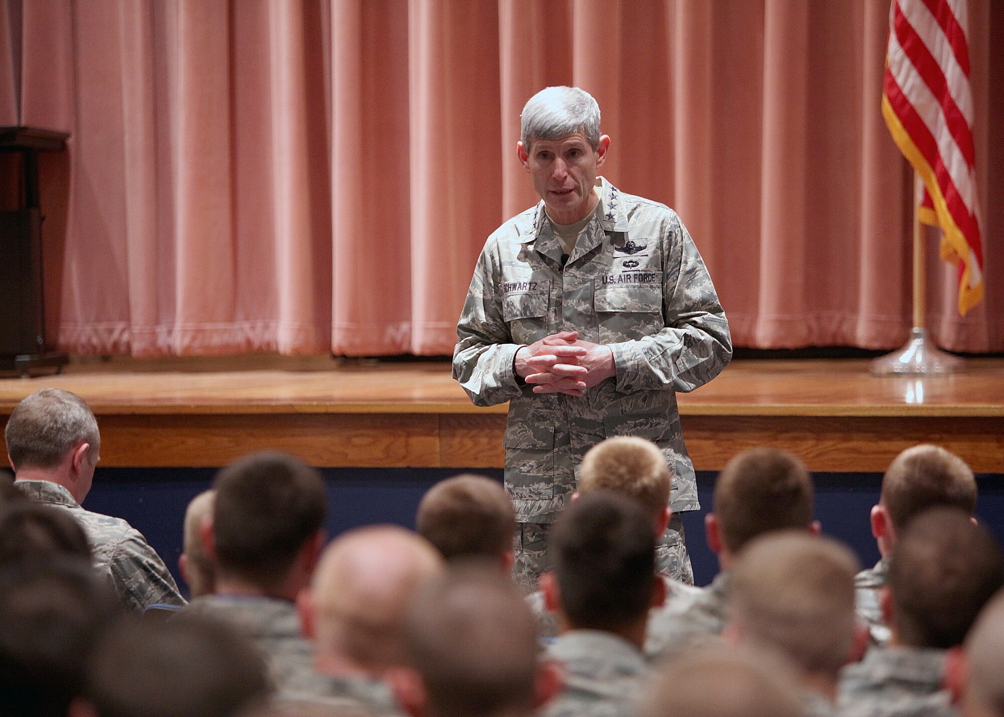 Air Force Chief of Staff Gen. Norton Schwartz talks with Airmen from the 342nd Training Squadron during a visit to the Battlefield Airmen Campus at Lackland Air Force Base, Texas, on March 9. Battlefield Airmen provide unique air and space power expertise in a land combat environment, often far into hostile territory. The group is essential to the Air Force mission, providing a key link between the air and ground. (U.S. Air Force photo/Robbin Cresswell)
