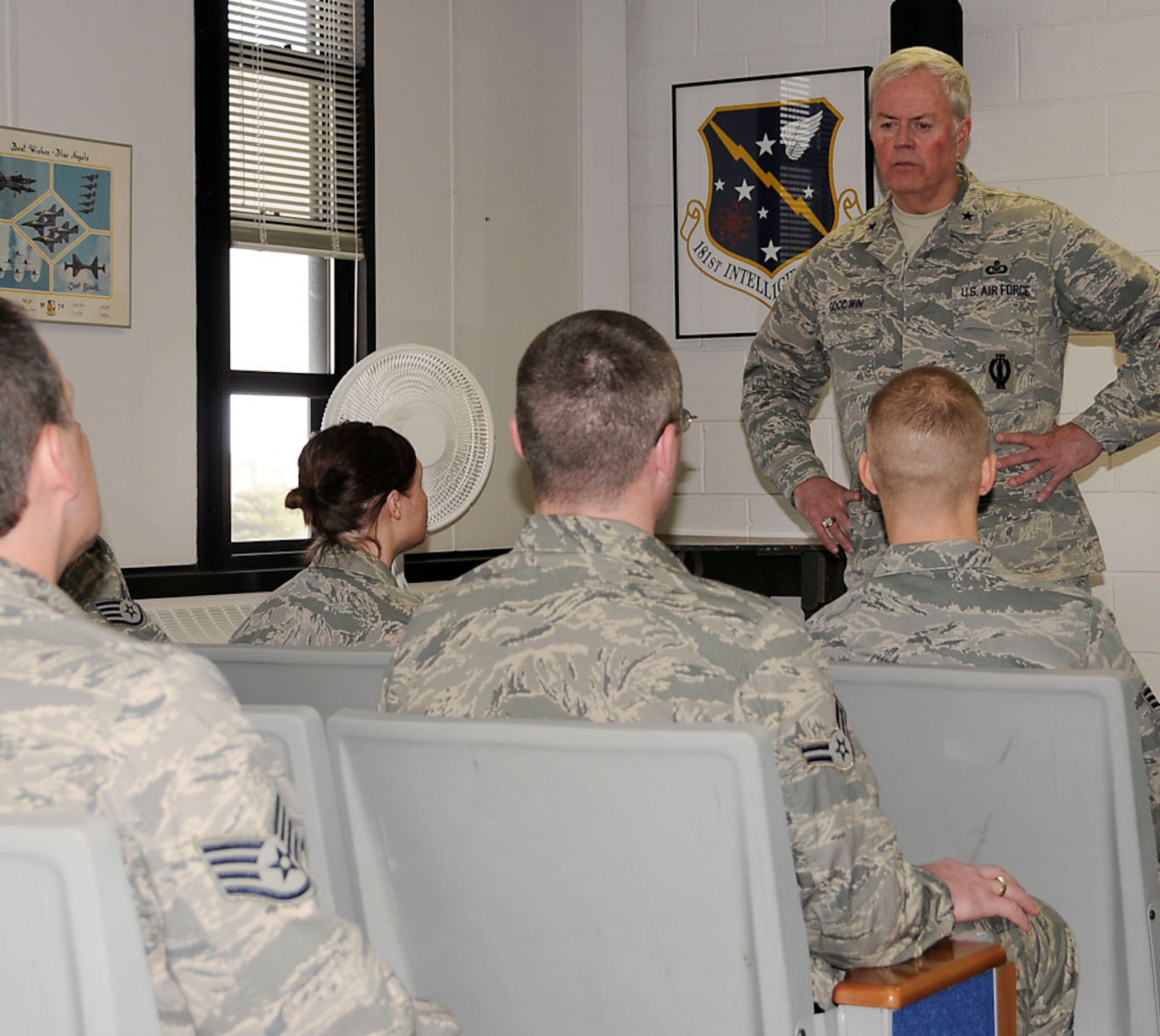 Brig. Gen. J. Stewart Goodwin,  JFHQ-IN, listen to the concerns of the 181st Junior Enlisted Council during a meeting Feb UTA