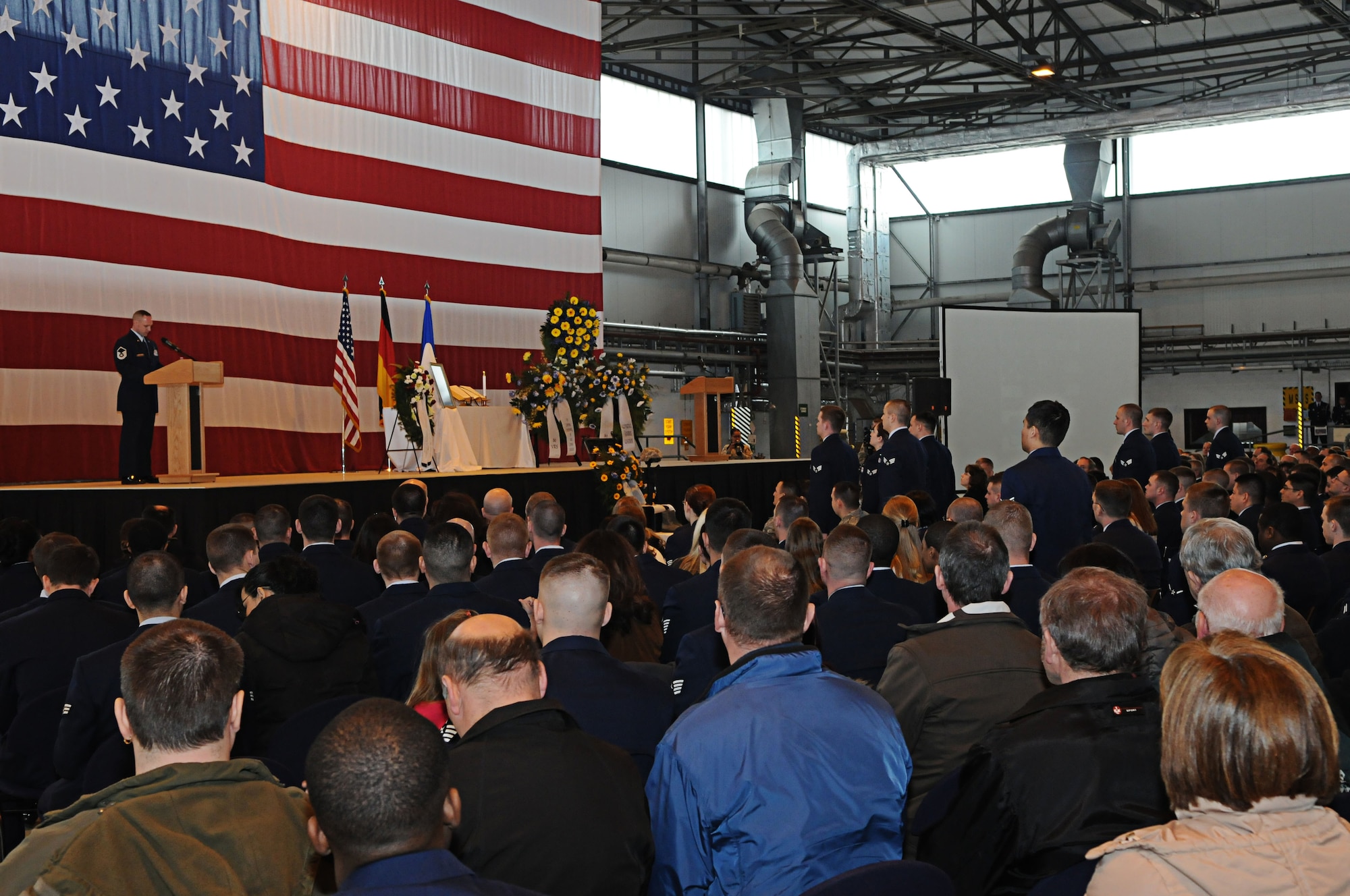 U.S. Air Force Master Sgt. Brian Fitzsimmons, 86th Vehicle Readiness Squadron, calls out a roll call during the memorial service for Airman 1st Class Zachary Cuddeback, 86th Vehicle Readiness Squadron, Ramstein Air Base, Germany, March 10, 2011. Airman Cuddeback was killed in action at Frankfurt International Airport March 2, 2011. (U.S. Air Force photo by Airman 1st Class Desiree Whitney Esposito)