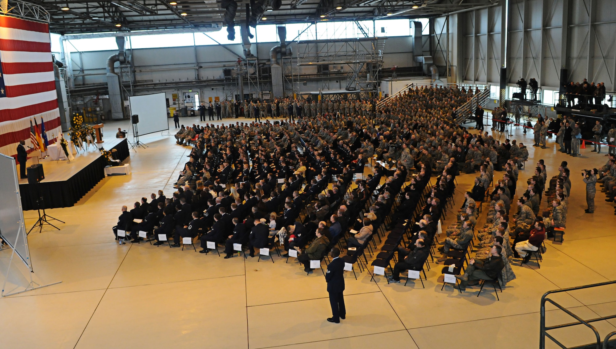 U.S. Air Force Lt. Col. Uduak Udoaka, 86th Vehicle Readiness Squadron commander, delivers his message during the memorial service for Airman 1st Class Zachary Cuddeback, 86th Vehicle Readiness Squadron, Ramstein Air Base, Germany, March 9, 2011. Aiman Cuddeback was killed in action at Frankfurt International Airport March 2, 2011. (U.S. Air Force photo by Airman 1st Class Desiree Whitney Esposito)