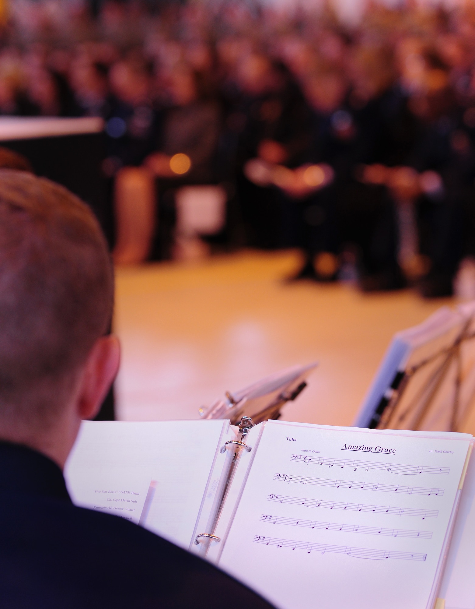 "Five Star Brass" U.S. Air Forces in Europe Band prepare to play Amazing Grace during a memorial ceremony for Airman 1st Class Zachary Cuddeback, 86th Vehicle Readiness Squadron, Ramstein Air Base, Germany, March 10, 2011. Airman Cuddeback was killed in action at Frankfurt International Airport March 2, 2011. (U.S. Air Force photo by Senior Airman Brittany Perry)