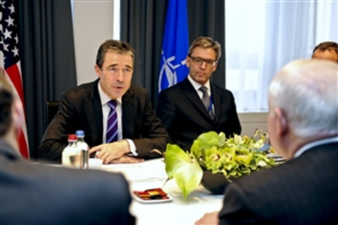 NATO Secretary General Anders Fogh Rasmussen meets with U.S. Defense Secretary Robert M. Gates at NATO headquarters in Brussels, Belgium, March 10, 2011. Gates is in Belgium to attend NATO defense ministers meetings.