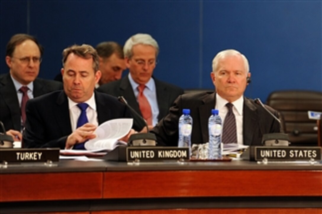 Secretary of Defense Robert M. Gates attends the first session of the NATO Defense Ministers' meetings in NATO headquarters in Brussels, Belgium, on March 10, 2011.  