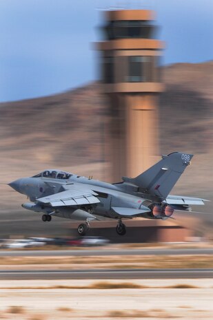 NELLIS AIR FORCE BASE, Nev., --  A Royal Air Force Tornado GR4 takes off from Nellis Air Force Base, Nev., for a training mission during Red Flag 11-3 March 10. Red Flag is a realistic combat training exercise involving the air forces of the United States and its allies.  The exercise is hosted north of Las Vegas on the Nevada Test and Training Range.   (U.S. Air Force Photo by Staff Sgt. William P. Coleman)