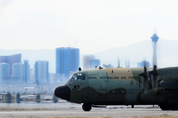 NELLIS AIR FORCE BASE, Nev., --  A Royal Australian Air Force C-130H Hercules, No. 37 Squadron, Richmond, Australia taxi's toward the end of the runway during Red Flag 11-3 at Nellis Air Force Base, Nev., March 10. Red Flag is a realistic combat training exercise involving the air forces of the United States and its allies. The exercise takes place north of Las Vegas on the Nevada Test and Training Range--the U.S. Air Force's premier military training area with more than 12,000 square miles of airspace and 2.9 million acres of landRed Flag is a realistic combat training exercise involving the air forces of the United States and its allies.  The exercise is hosted north of Las Vegas on the Nevada Test and Training Range.   (U.S. Air Force Photo by Staff Sgt. William P. Coleman)