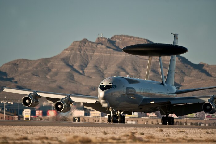 NELLIS AIR FORCE BASE, Nev., --  E-3 Sentry from the 965th Airborne Air Control Squadron, Tinker Air Force Base Okla., lands at Nellis Air Force Base, Nev. after completing a training mission during Red Flag 11-3 March 10. Red Flag is a realistic combat training exercise involving the air forces of the United States and its allies. (U.S. Air Force photo by Tech Sgt. Michael R. Holzworth)