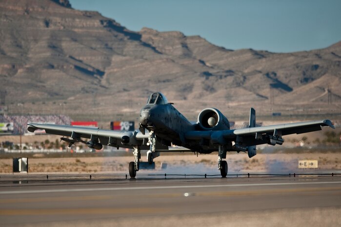 NELLIS AIR FORCE BASE, Nev., -- A-10 Thunderbolt II from the 107th Fighter Squadron, Selfridge  Air National Guard Base Mich.,  lands at Nellis Air Force Base, Nev., after completing a training mission during Red Flag 11-3 March 10. Red Flag is a realistic combat training exercise involving the air forces of the United States and its allies. The exercise takes place north of Las Vegas on the Nevada Test and Training Range--the U.S. Air Force's premier military training area with more than 12,000 square miles of airspace and 2.9 million acres of land. (U.S. Air Force photo by Tech. Sgt. Michael R. Holzworth)