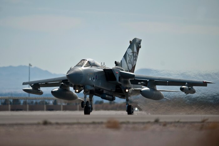 NELLIS AIR FORCE BASE, Nev., --  A Royal Air Force Tornado GR4 takes off from Nellis Air Force Base, Nev., for a training mission during Red Flag 11-3 March 10.  Red Flag is a realistic combat training exercise involving the air forces of the United States and its allies. The exercise takes place north of Las Vegas on the Nevada Test and Training Range--the U.S. Air Force's premier military training area with more than 12,000 square miles of airspace and 2.9 million acres of land. (U.S. Air Force photo by Tech. Sgt. Michael R. Holzworth)