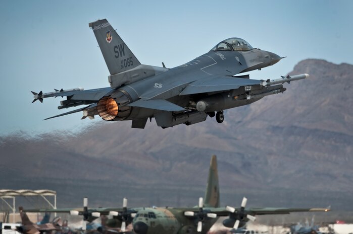 NELLIS AIR FORCE BASE, Nev., --  F-16 Fighting Falcon, 20th Fighter Wing, Shaw Air Force Base, S.C., takes off from Nellis Air Force Base, Nev.,  for a training mission over the Nevada Test and Training Range during Red Flag 11-3 March 10. Red Flag is a realistic combat training exercise involving the air forces of the United States and its allies. (U.S. Air Force photo by Tech Sgt. Michael R. Holzworth)