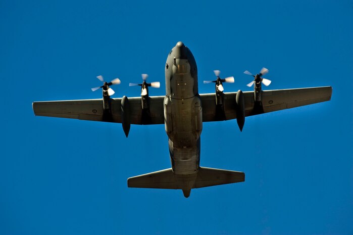 NELLIS AIR FORCE BASE, Nev., --  A Royal Australian Air Force C-130H Hercules, No. 37 Squadron, Richmond, Australia, returns from a training mission over the Nevada Test and Training Range during Red Flag 11-3 at Nellis Air Force Base, Nev., March 10. Red Flag is a realistic combat training exercise involving the air forces of the United States and its allies.  The exercise is hosted north of Las Vegas on the Nevada Test and Training Range. (U.S. Air Force photo by Senior Airman Brett Clashman)