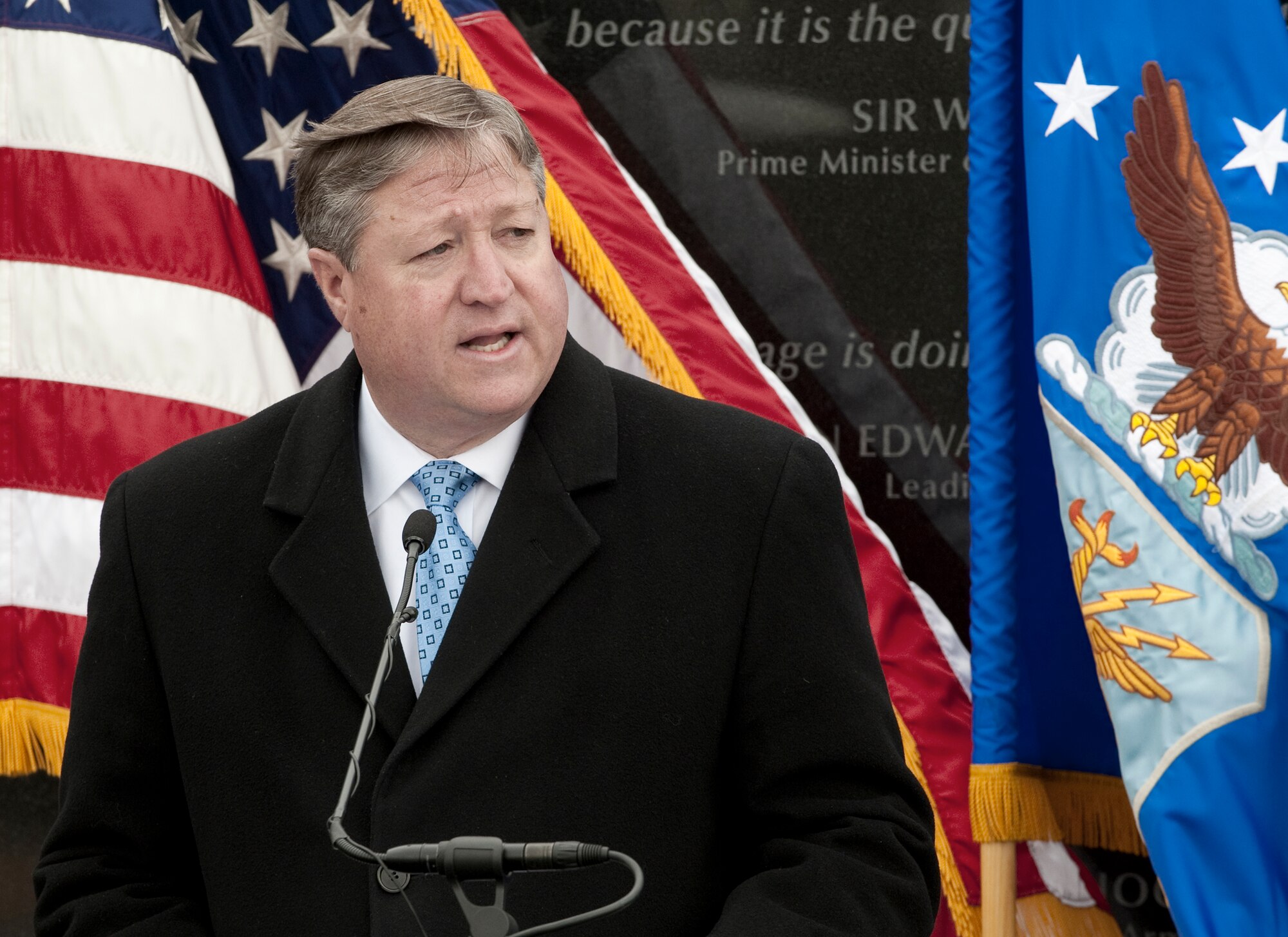Secretary of the Air Force Michael Donley provides remarks during a ceremony March 11, 2011, to unveil Medal of Honor recipient Chief Master Sgt. Richard L. Etchberger's name which was added to the Air Force Memorial in Arlington, Va.  (U.S. Air Force photo/Jim Varhegyi)
