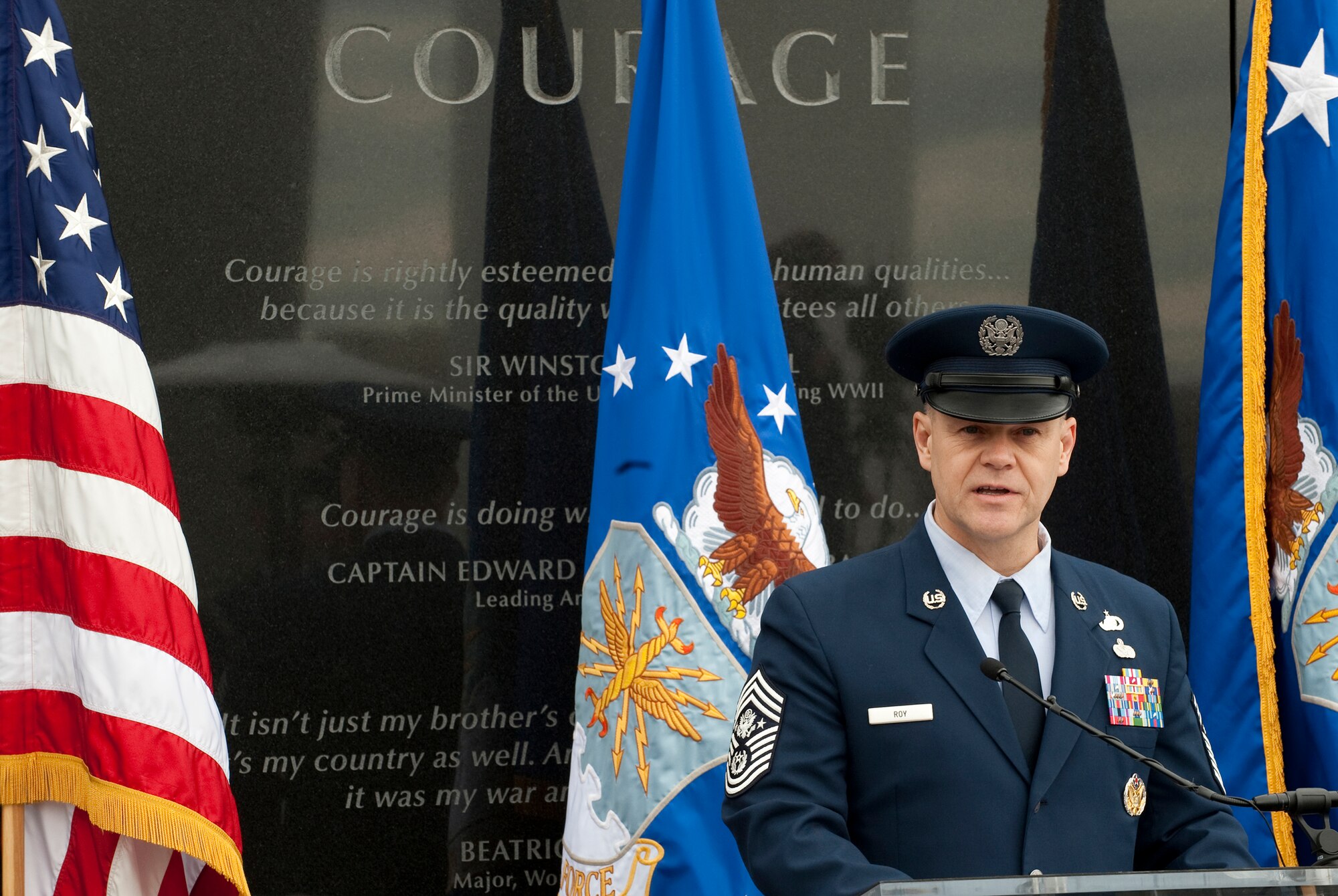 Chief Master Sgt. of the Air Force James Roy provides remarks during a ceremony March 11, 2011, to unveil  Medal of Honor recipient Chief Master Sgt. Richard L. Etchberger's name which was added to the Air Force Memorial in Arlington, Va. (Air Force photo/Jim Varhegyi)